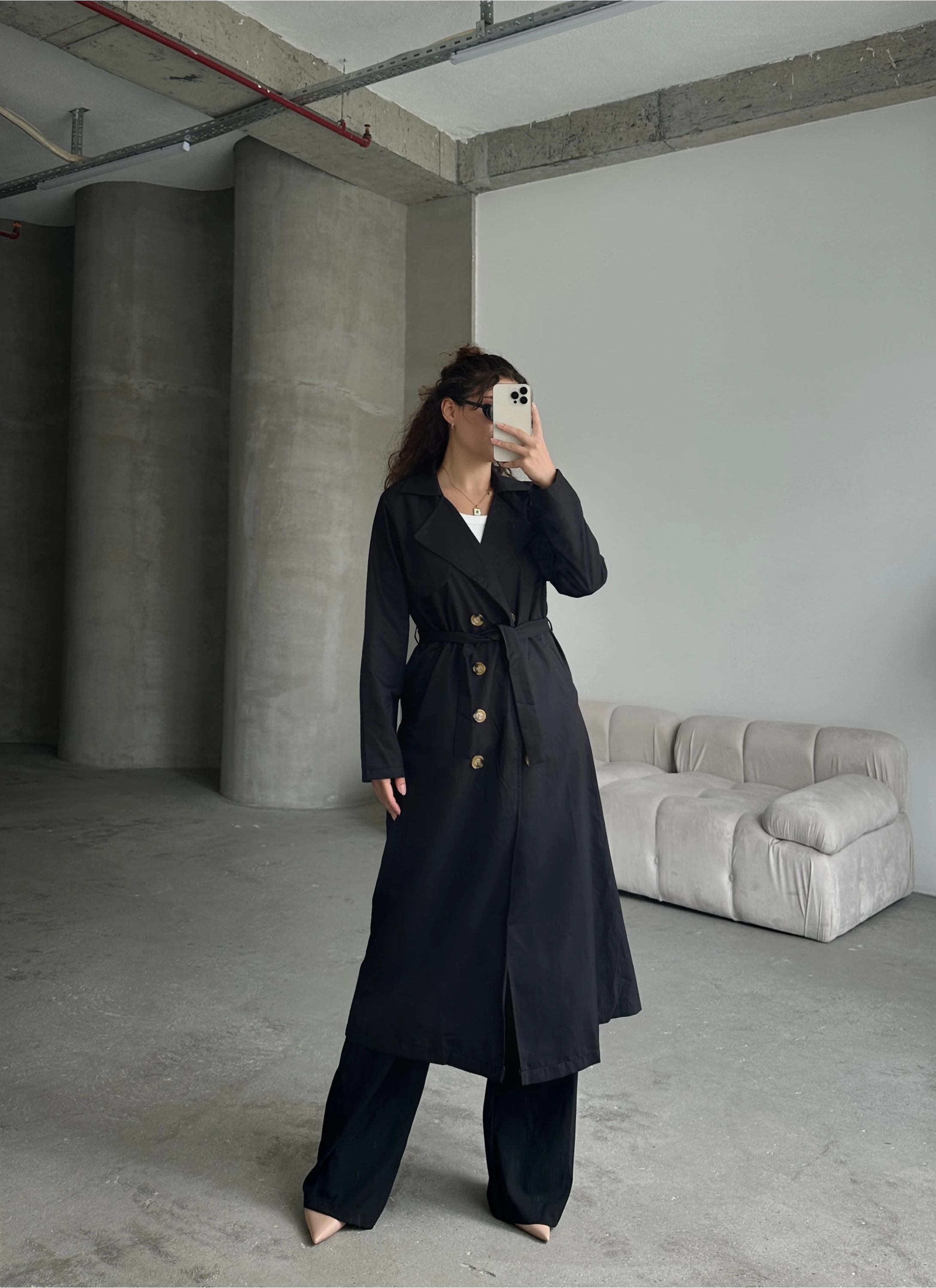 Pullaps Kruvaze Yaka Salaş Trençkot Siyah