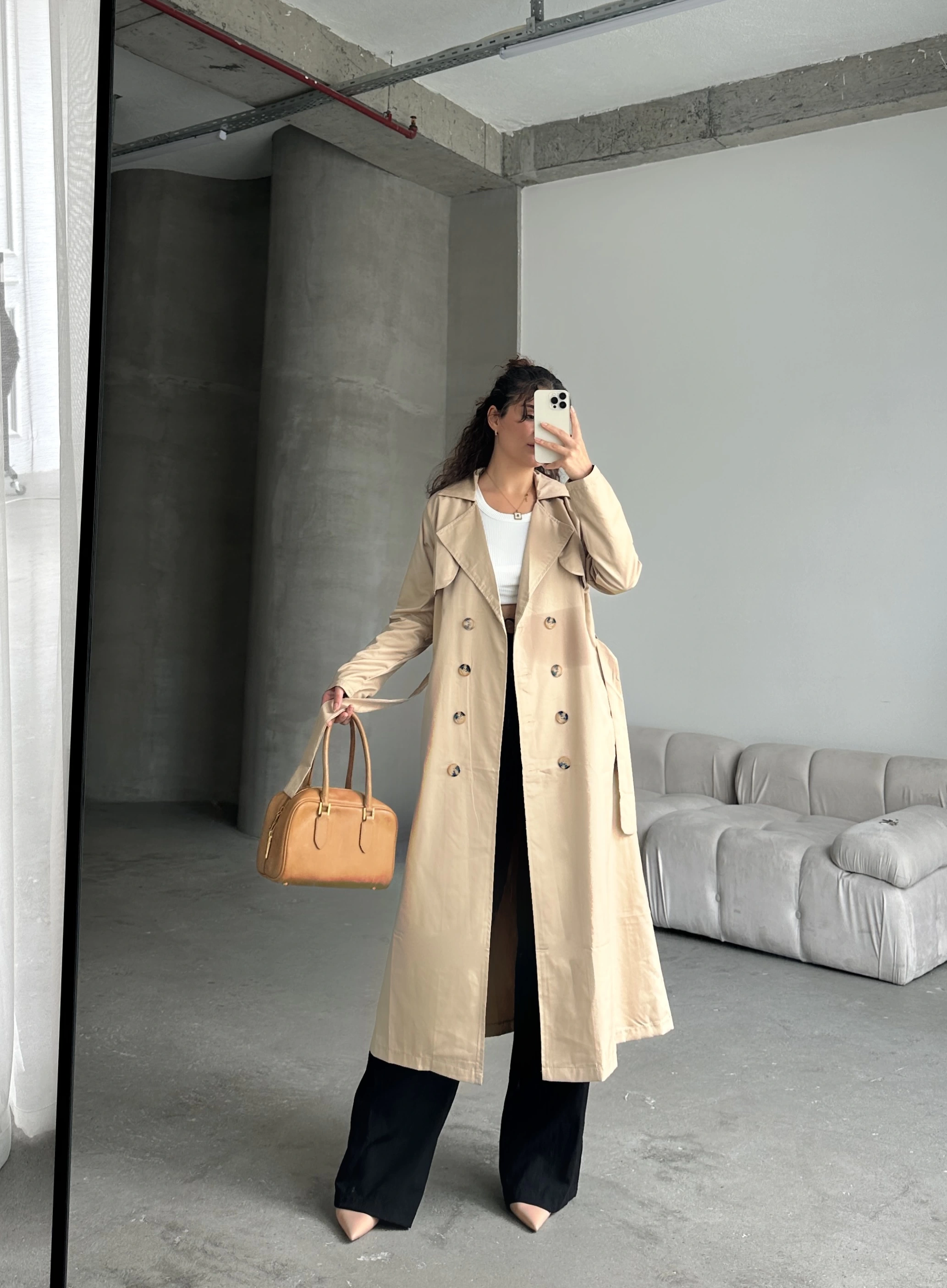 Pullaps Kruvaze Yaka Salaş Trençkot Vizon