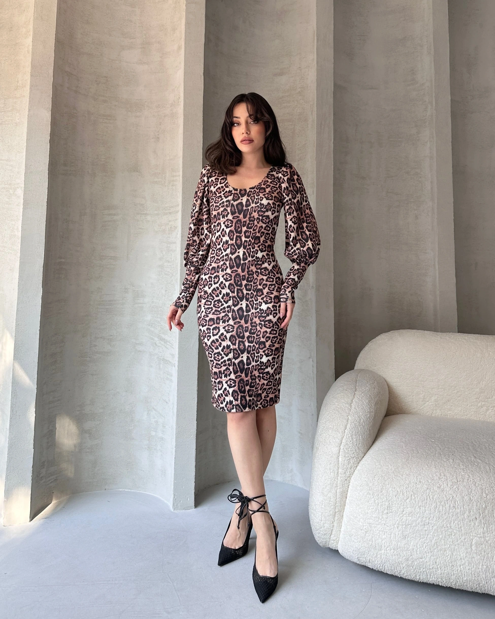 Pullaps Leopar Desenli Midi Boy Elbise Kvh