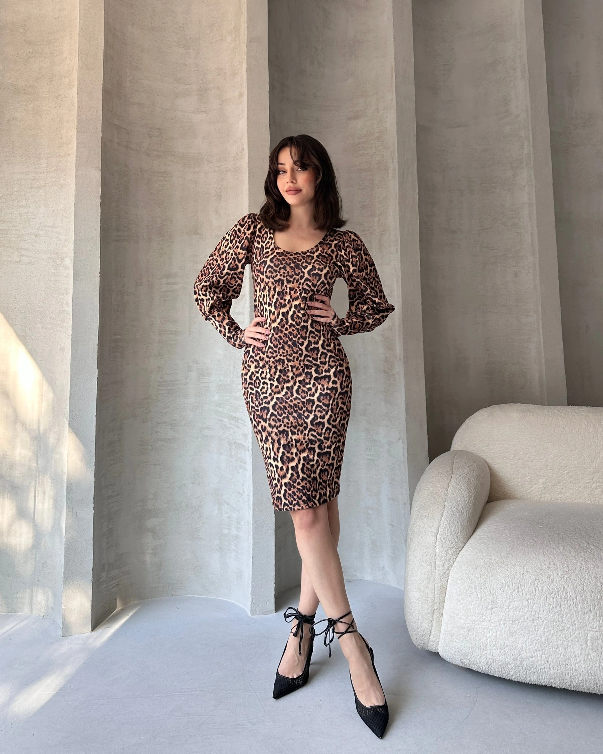 Pullaps Leopar Desenli Midi Boy Elbise Syh