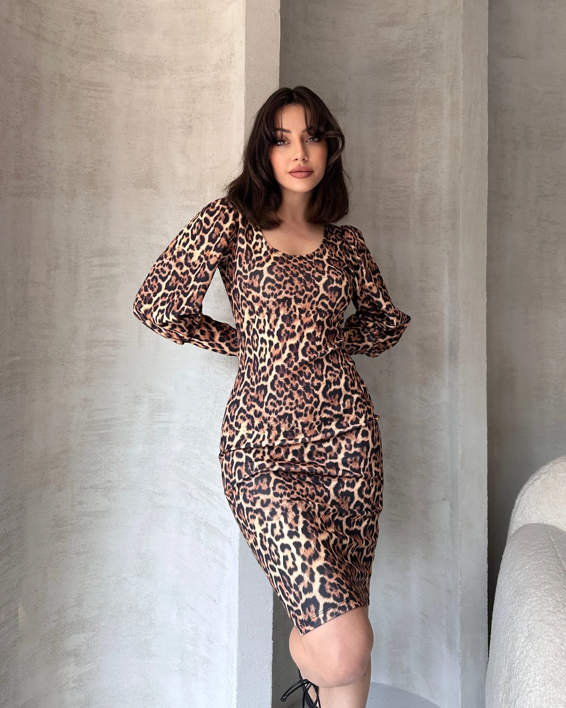 Pullaps Leopar Desenli Midi Boy Elbise Syh