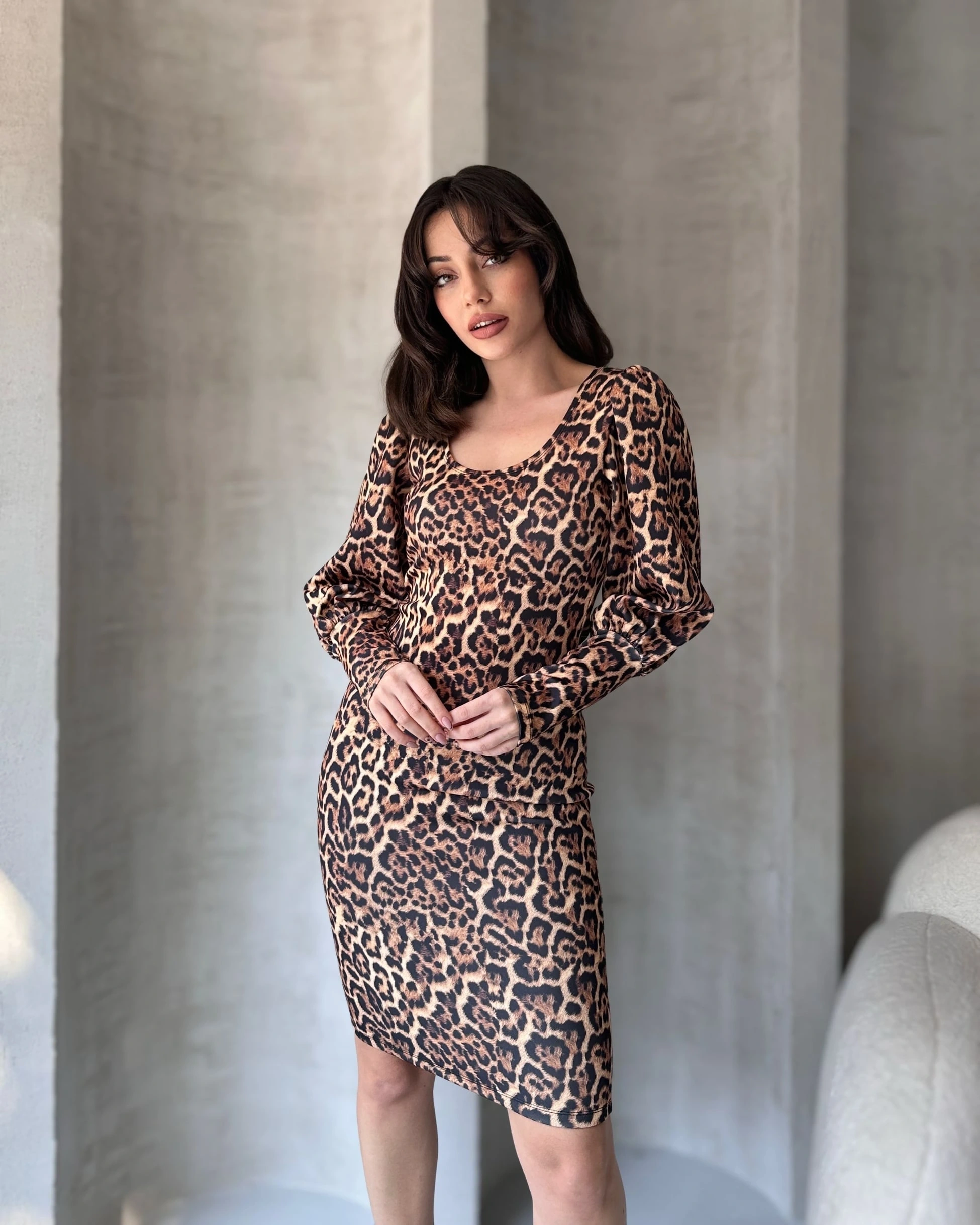 Pullaps Leopar Desenli Midi Boy Elbise Syh