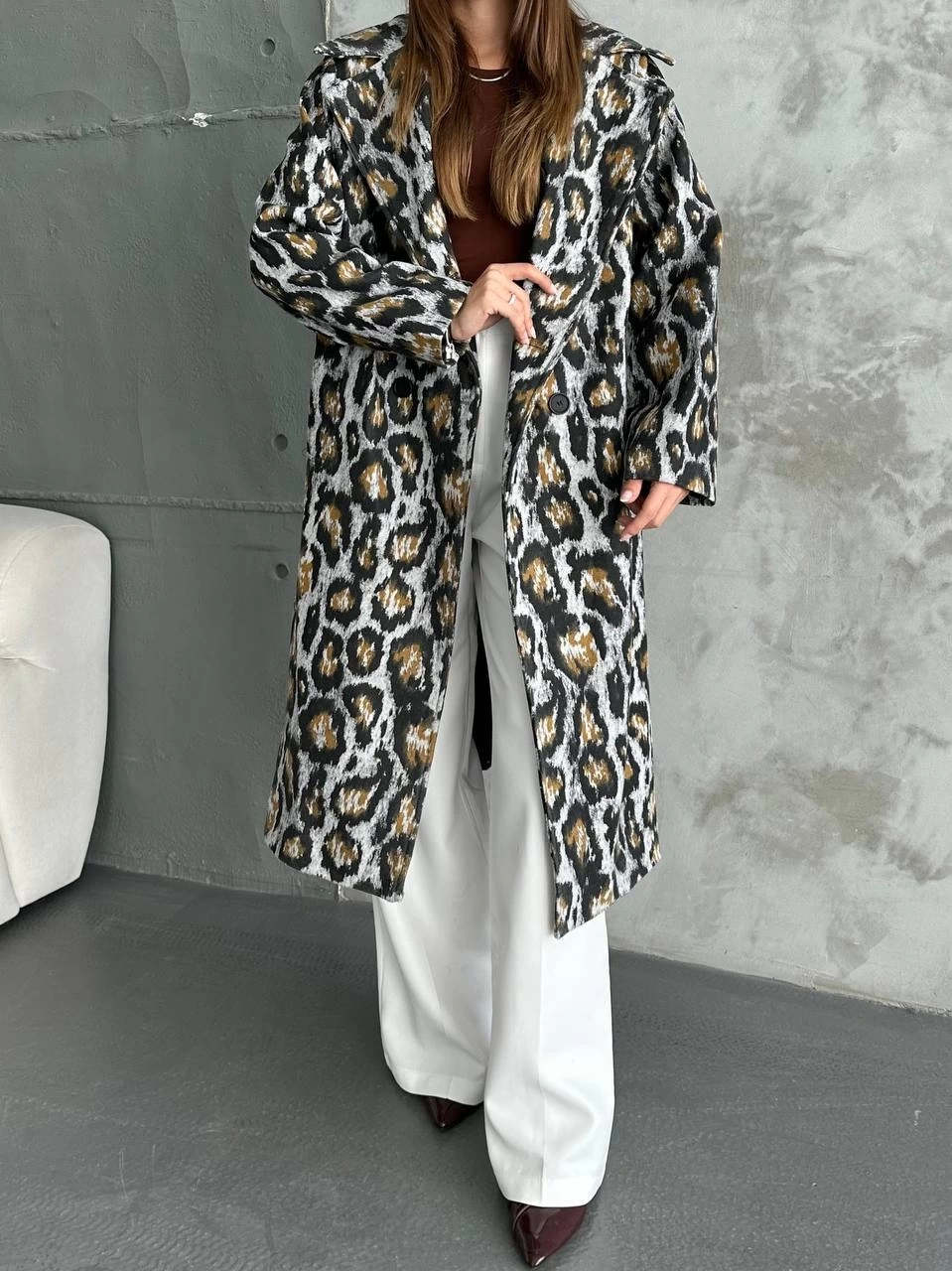 Pullaps Leopar Dört Düğmeli Astarlı Kaşe Kaban