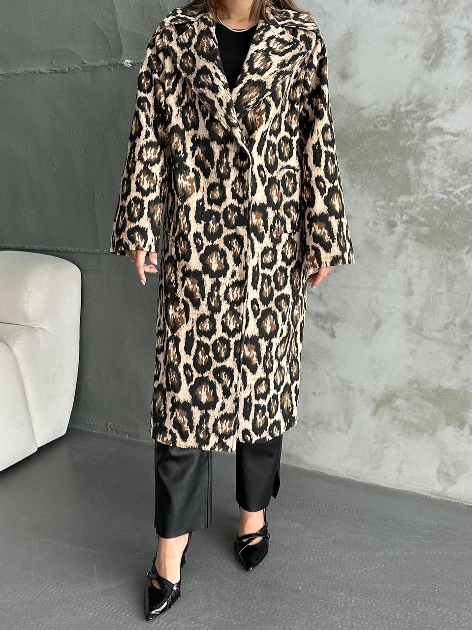 Pullaps Leopar Dört Düğmeli Astarlı Kaşe Kaban