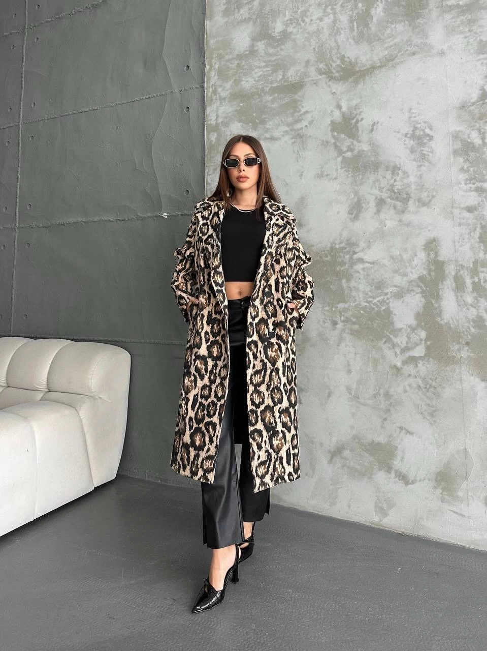 Pullaps Leopar Dört Düğmeli Astarlı Kaşe Kaban