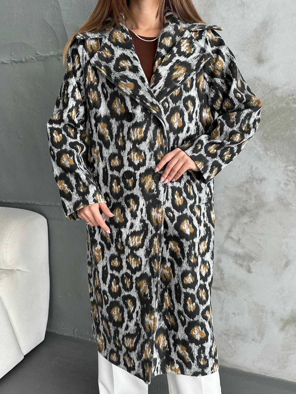 Pullaps Leopar Dört Düğmeli Astarlı Kaşe Kaban