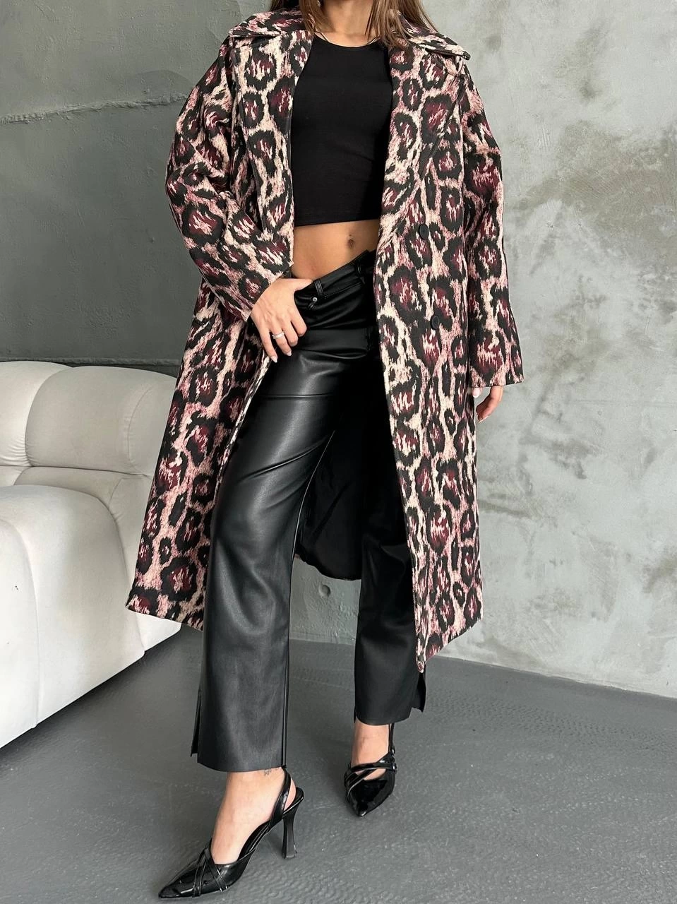 Pullaps Leopar Dört Düğmeli Astarlı Kaşe Kaban