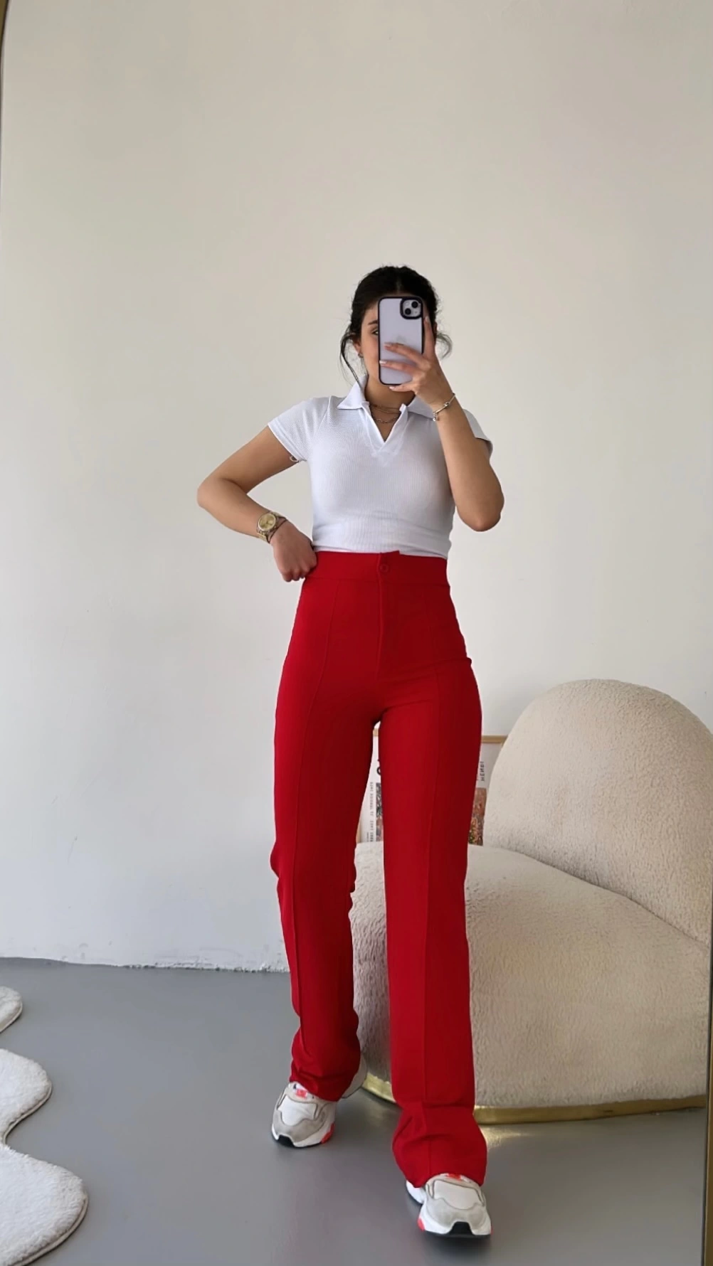 Pullaps Likralı Çımalı Palazzo Pantolon Kırmızı