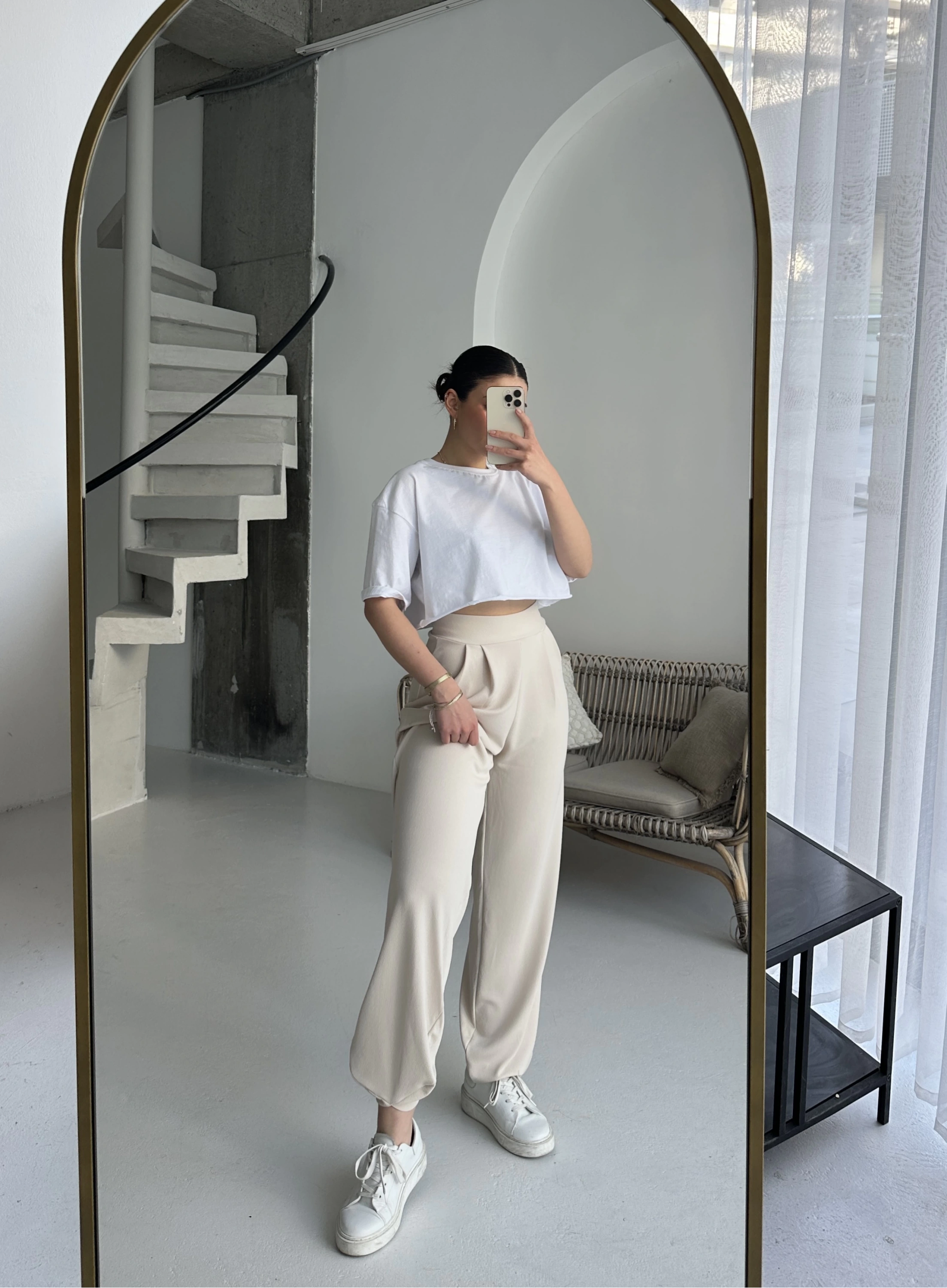 Pullaps Likralı Üçgen Paça Pantolon Krem