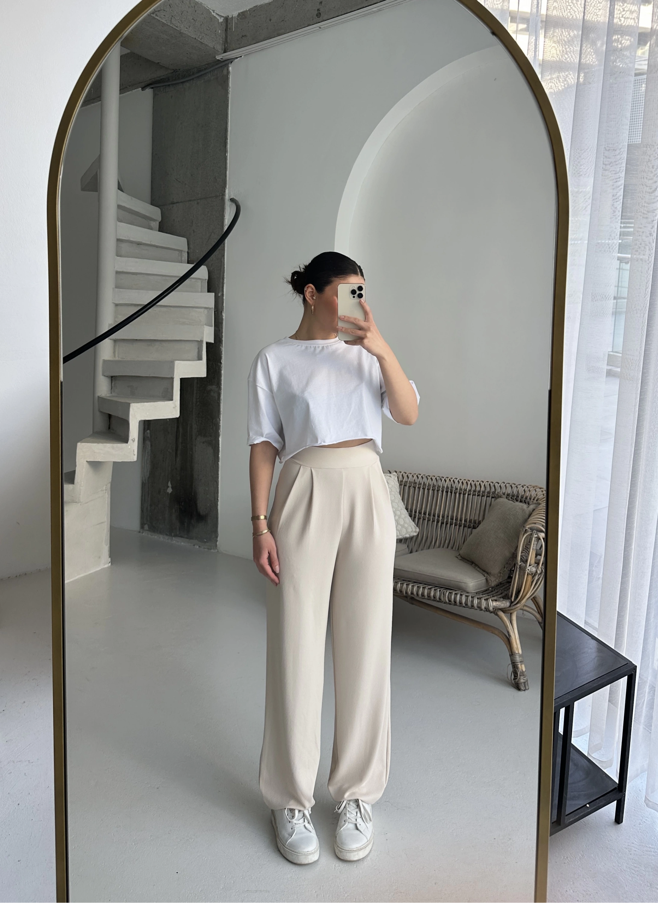 Pullaps Likralı Üçgen Paça Pantolon Krem