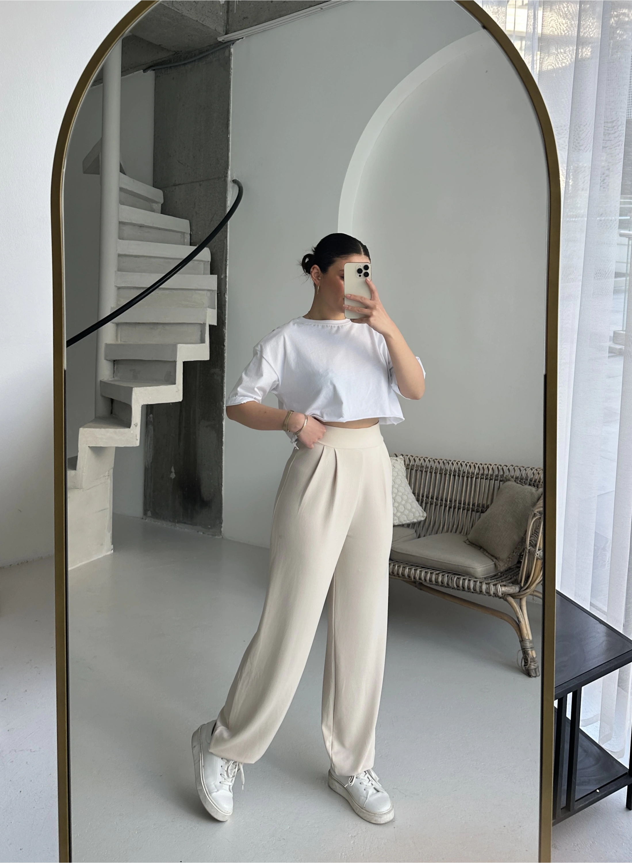 Pullaps Likralı Üçgen Paça Pantolon Krem