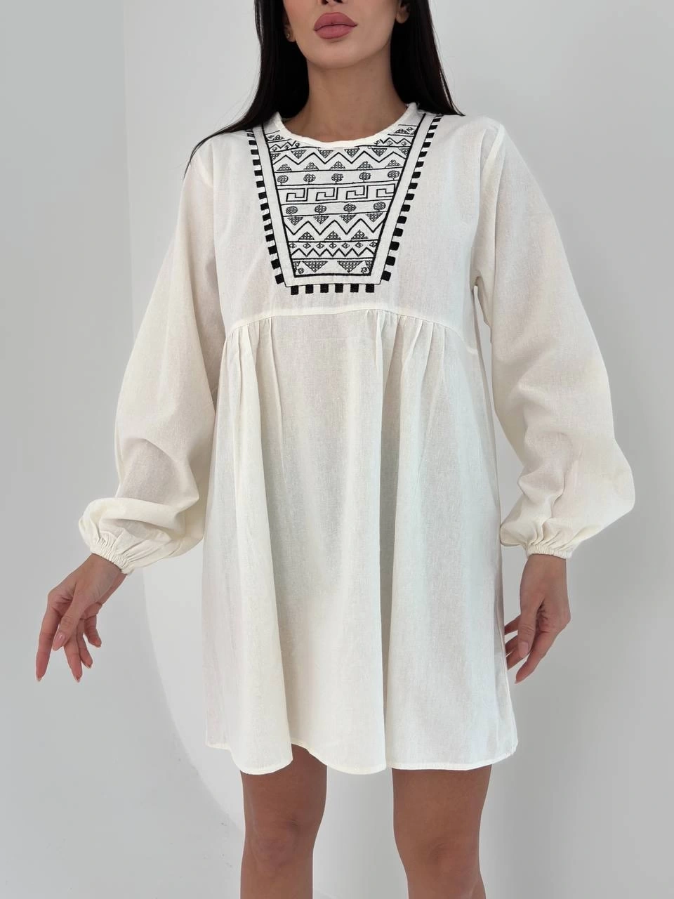 Pullaps Nakışlı Keten Salaş Tunik