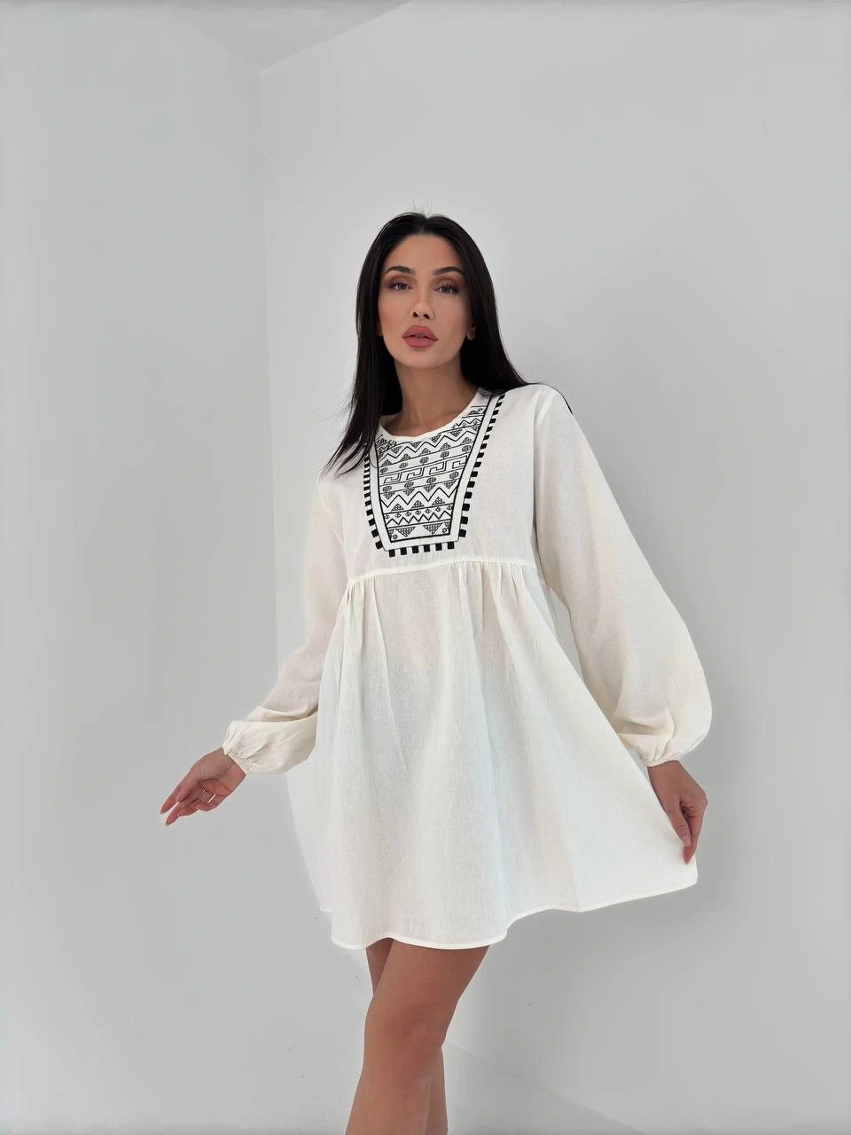 Pullaps Nakışlı Keten Salaş Tunik