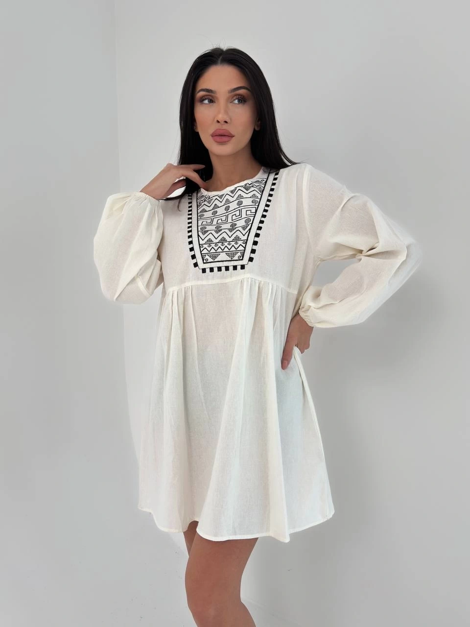 Pullaps Nakışlı Keten Salaş Tunik