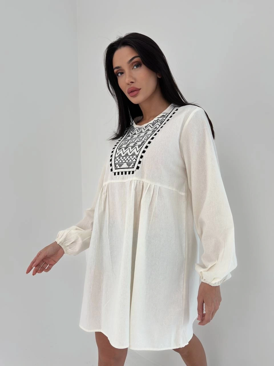 Pullaps Nakışlı Keten Salaş Tunik