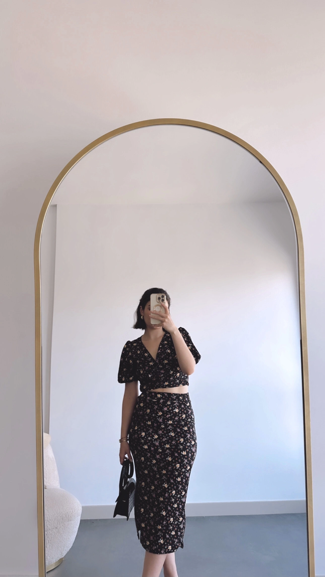 Pullaps Ön Düğmeli Eteği Yırtmaçlı Desenli Bürümcük Takım Siyah