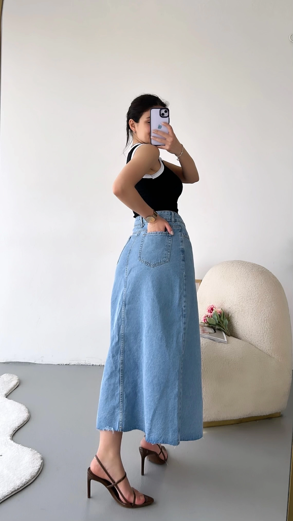 Pullaps Önü Yırtmaçlı Kot Etek