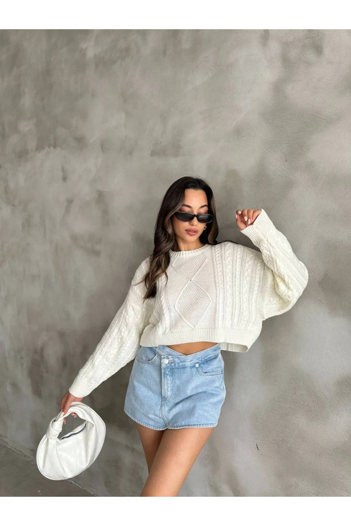 Pullaps Örgü Desenli Triko Kazak Ekru