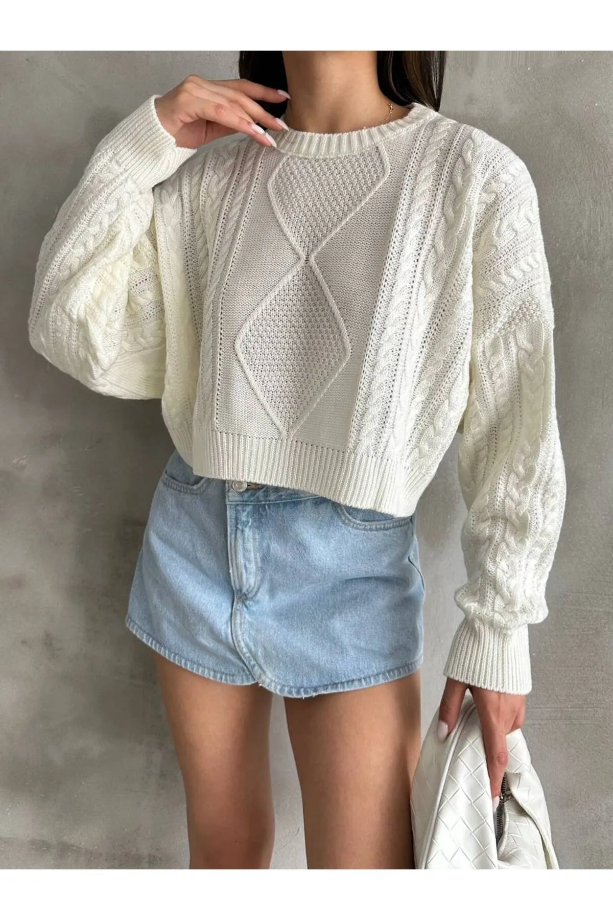 Pullaps Örgü Desenli Triko Kazak Ekru