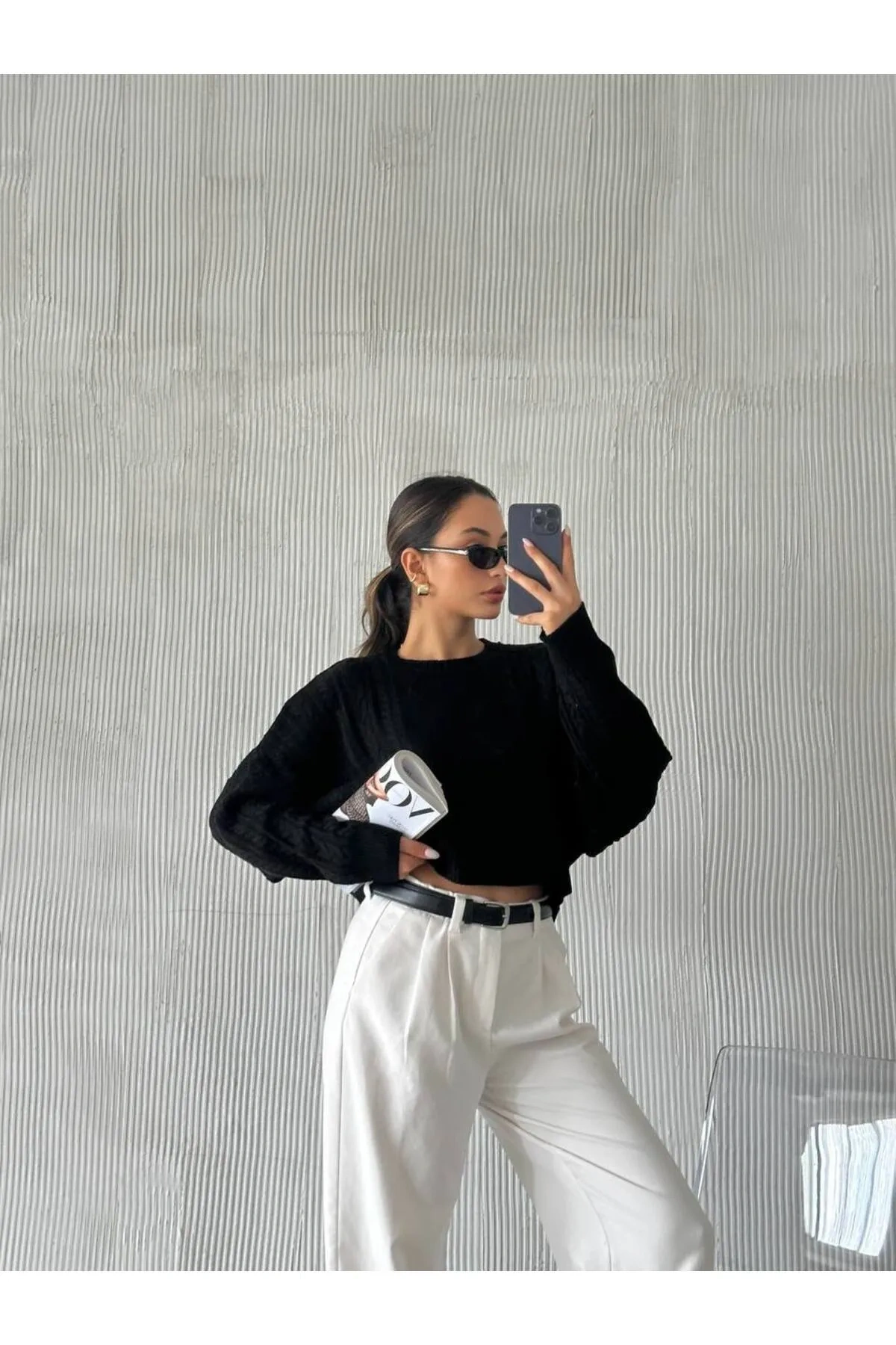 Pullaps Örgü Desenli Triko Kazak Siyah