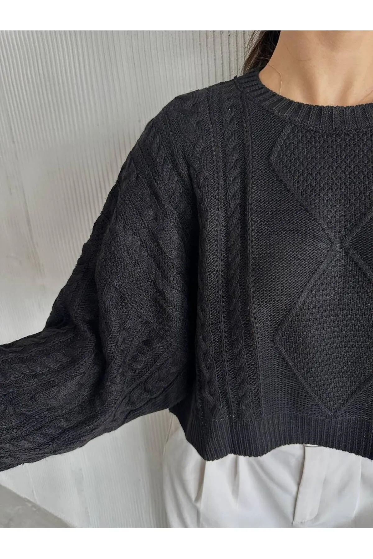 Pullaps Örgü Desenli Triko Kazak Siyah