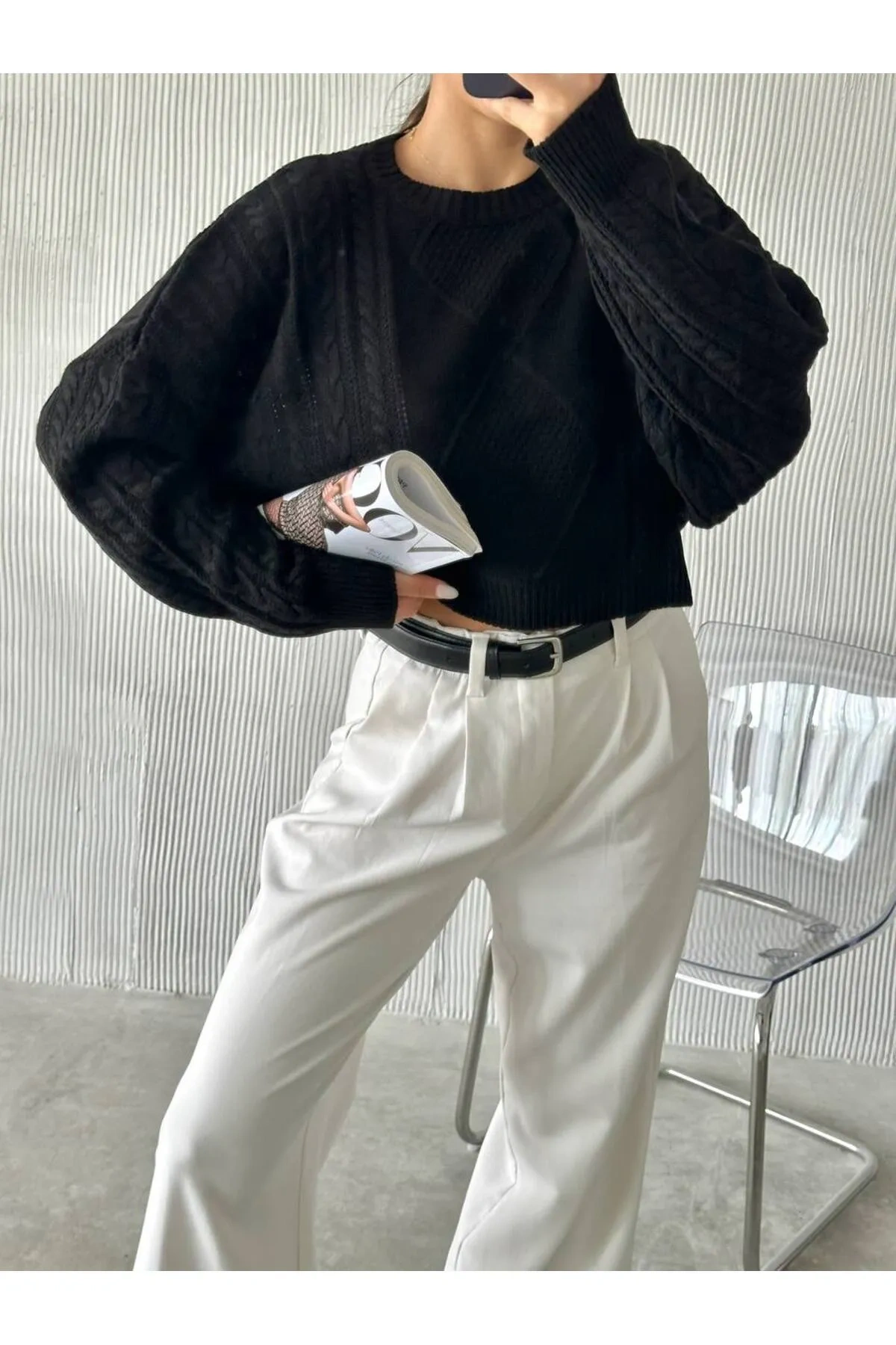 Pullaps Örgü Desenli Triko Kazak Siyah