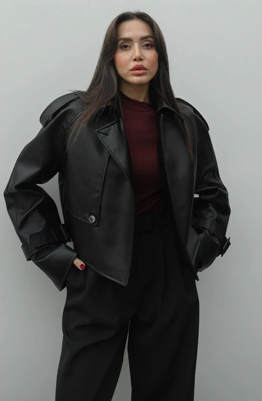 Pullaps Oversize Deri Kısa Mont Siyah