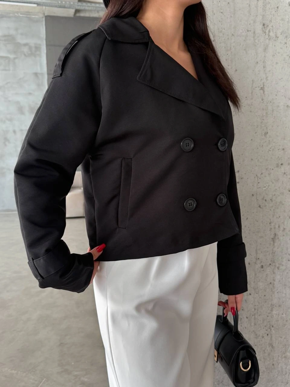 Pullaps Çift Düğmeli Kısa Trenç Siyah