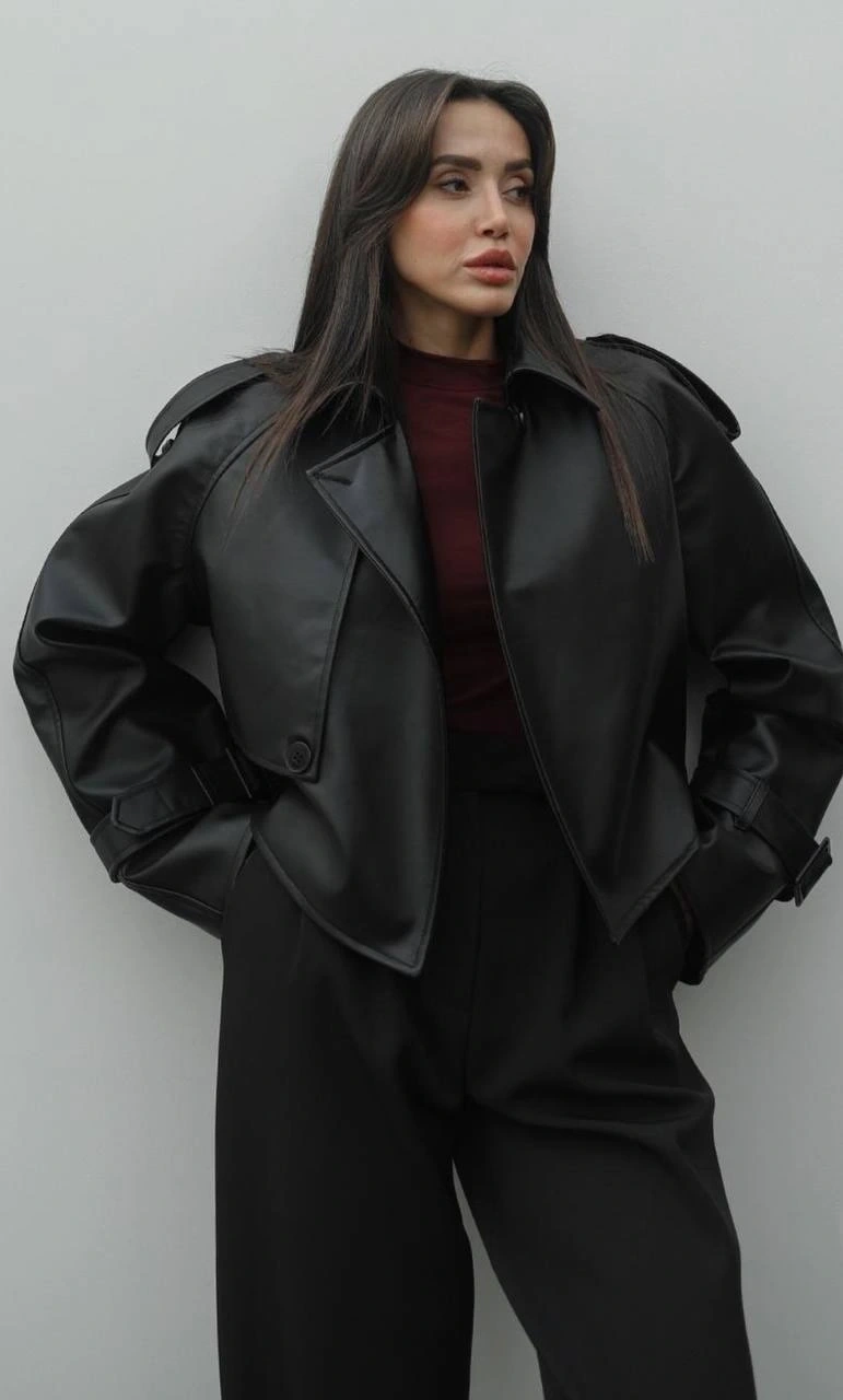 Pullaps Oversize Deri Kısa Mont Siyah