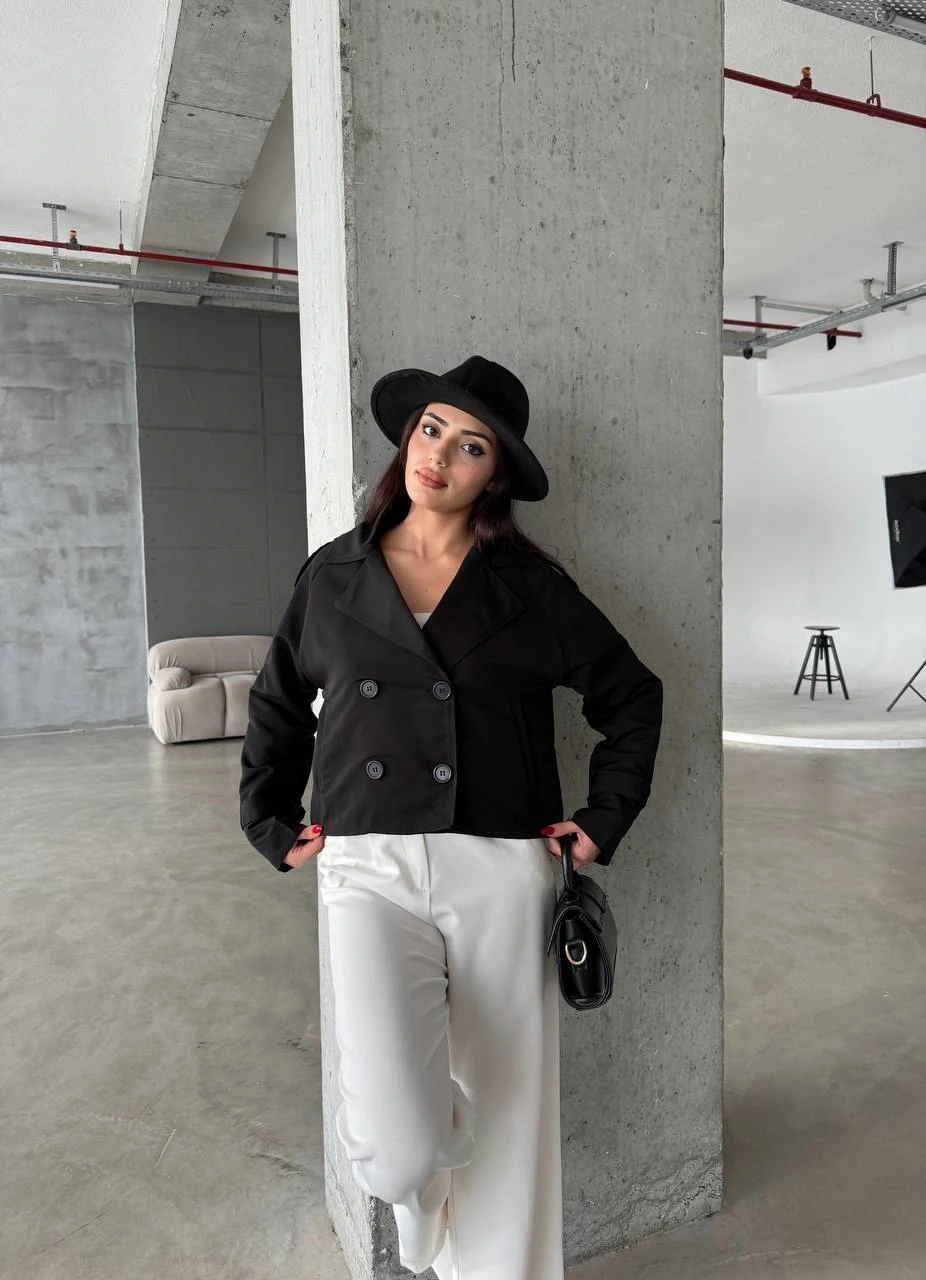 Pullaps Çift Düğmeli Kısa Trenç Siyah