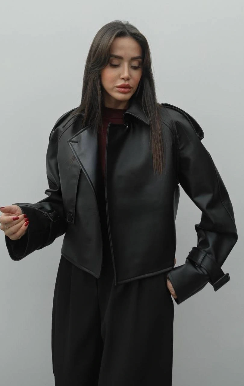 Pullaps Oversize Deri Kısa Mont Siyah