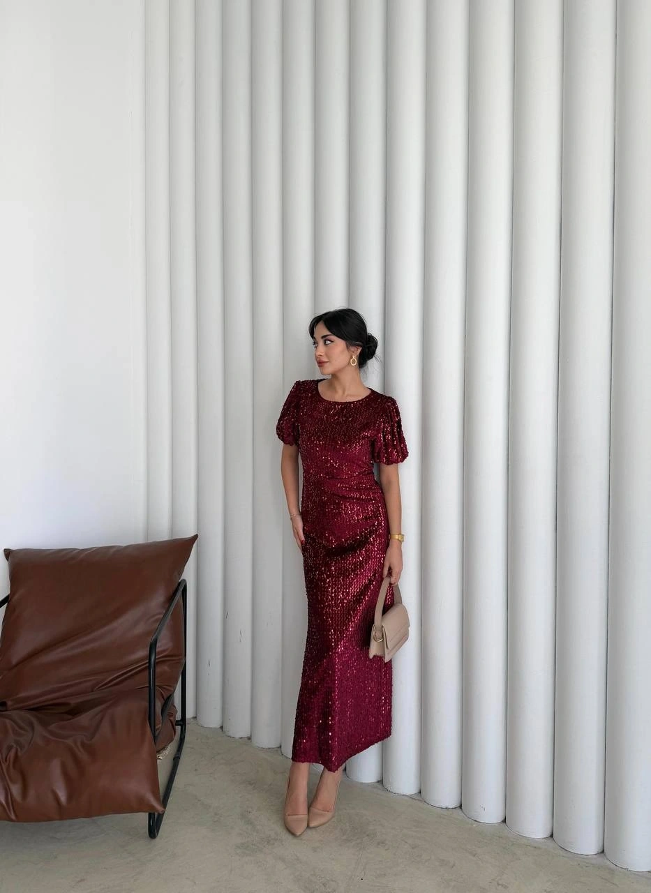 Pullaps Payetli Maxi Elbise Bordo