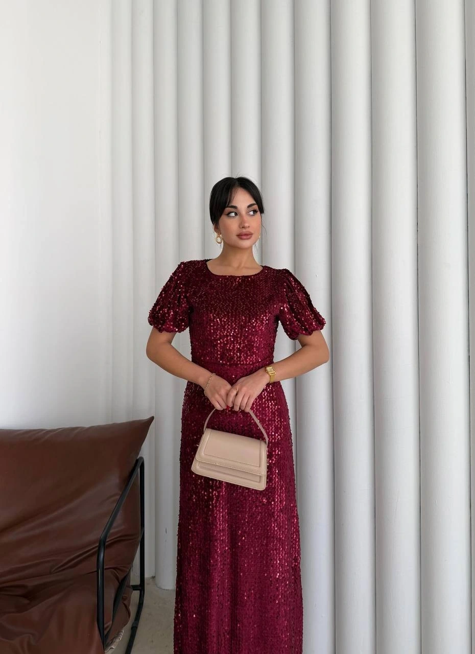 Pullaps Payetli Maxi Elbise Bordo
