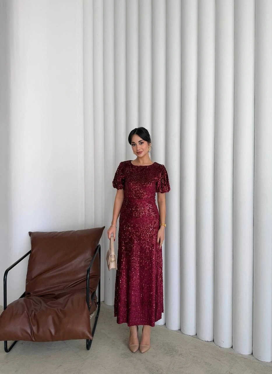 Pullaps Payetli Maxi Elbise Bordo