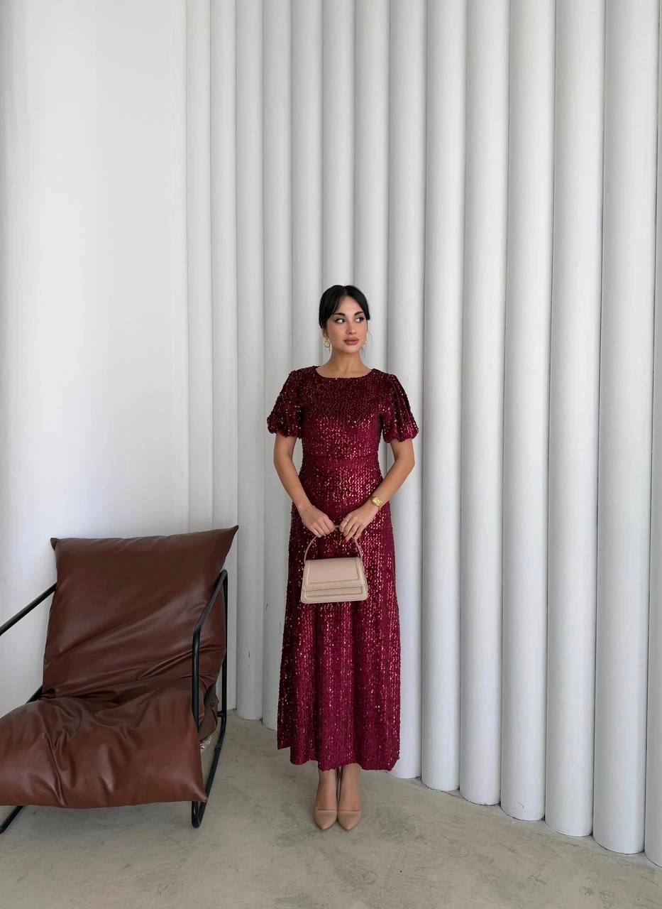 Pullaps Payetli Maxi Elbise Bordo