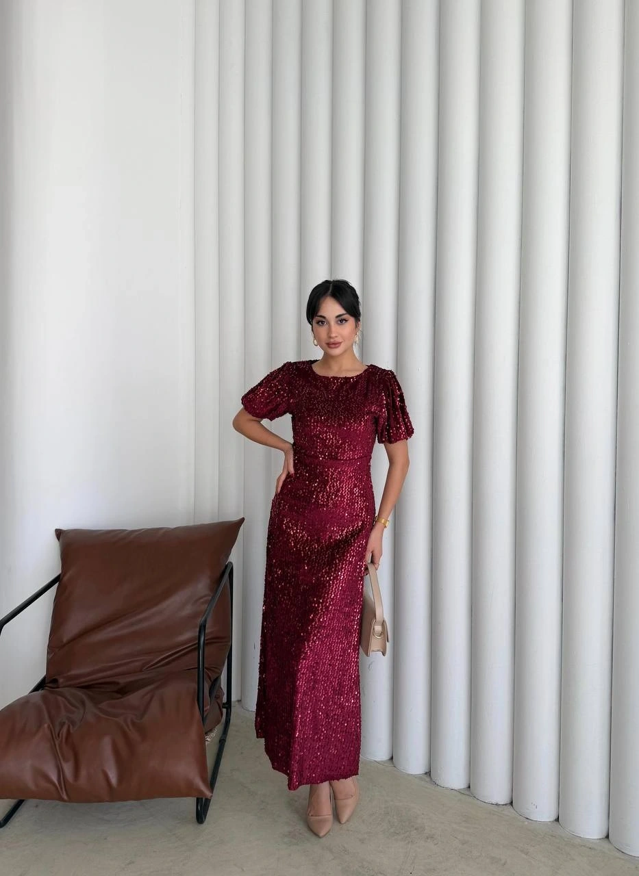 Pullaps Payetli Maxi Elbise Bordo