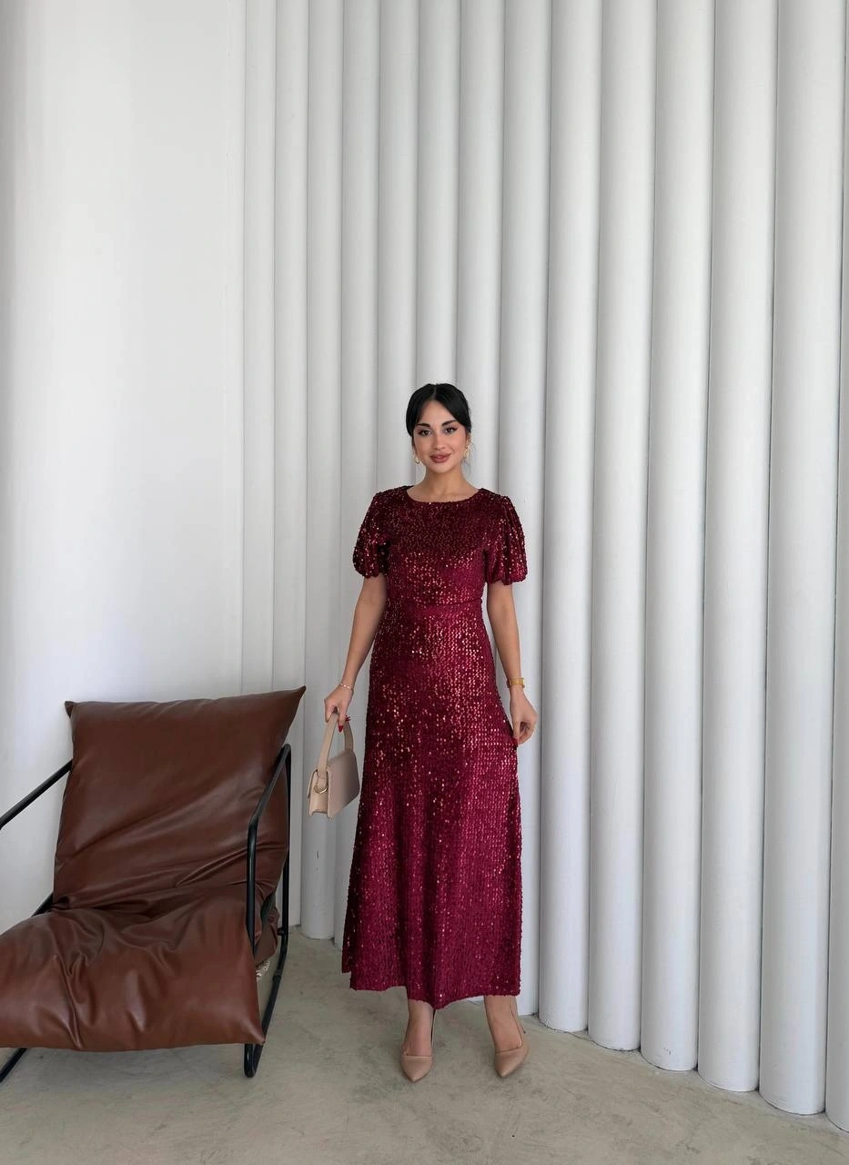 Pullaps Payetli Maxi Elbise Bordo