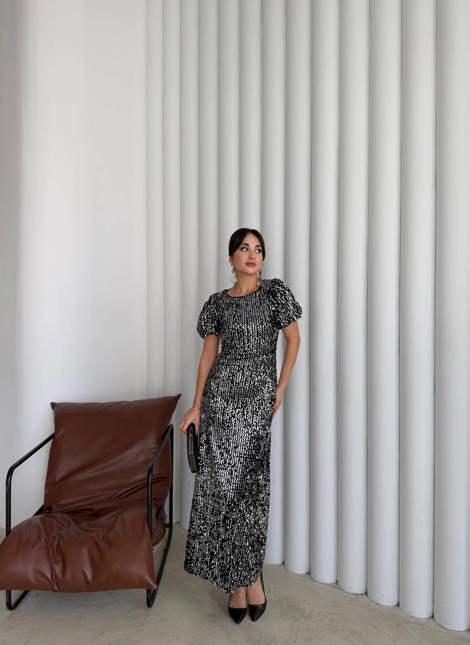 Pullaps Payetli Maxi Elbise Gümüş