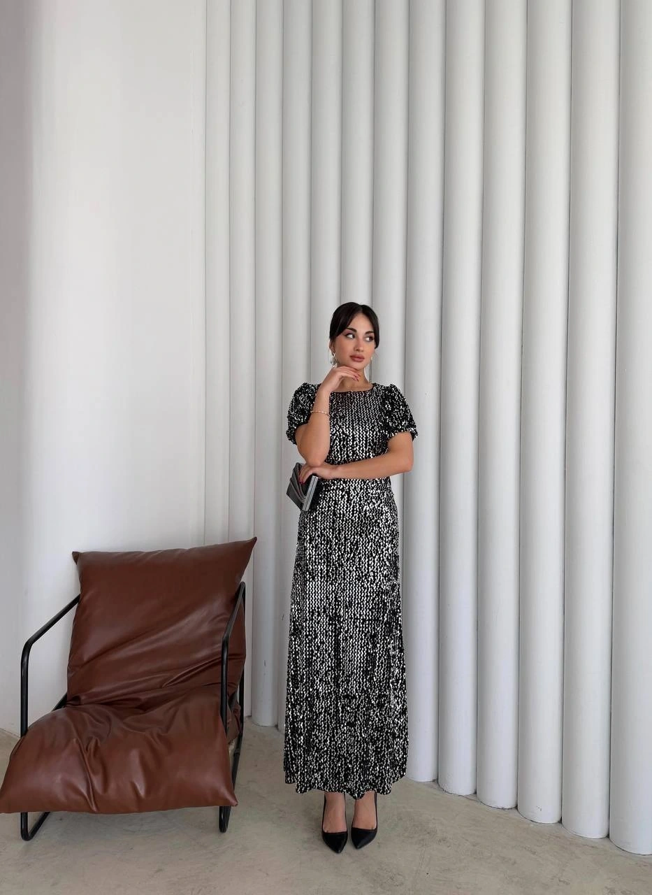 Pullaps Payetli Maxi Elbise Gümüş