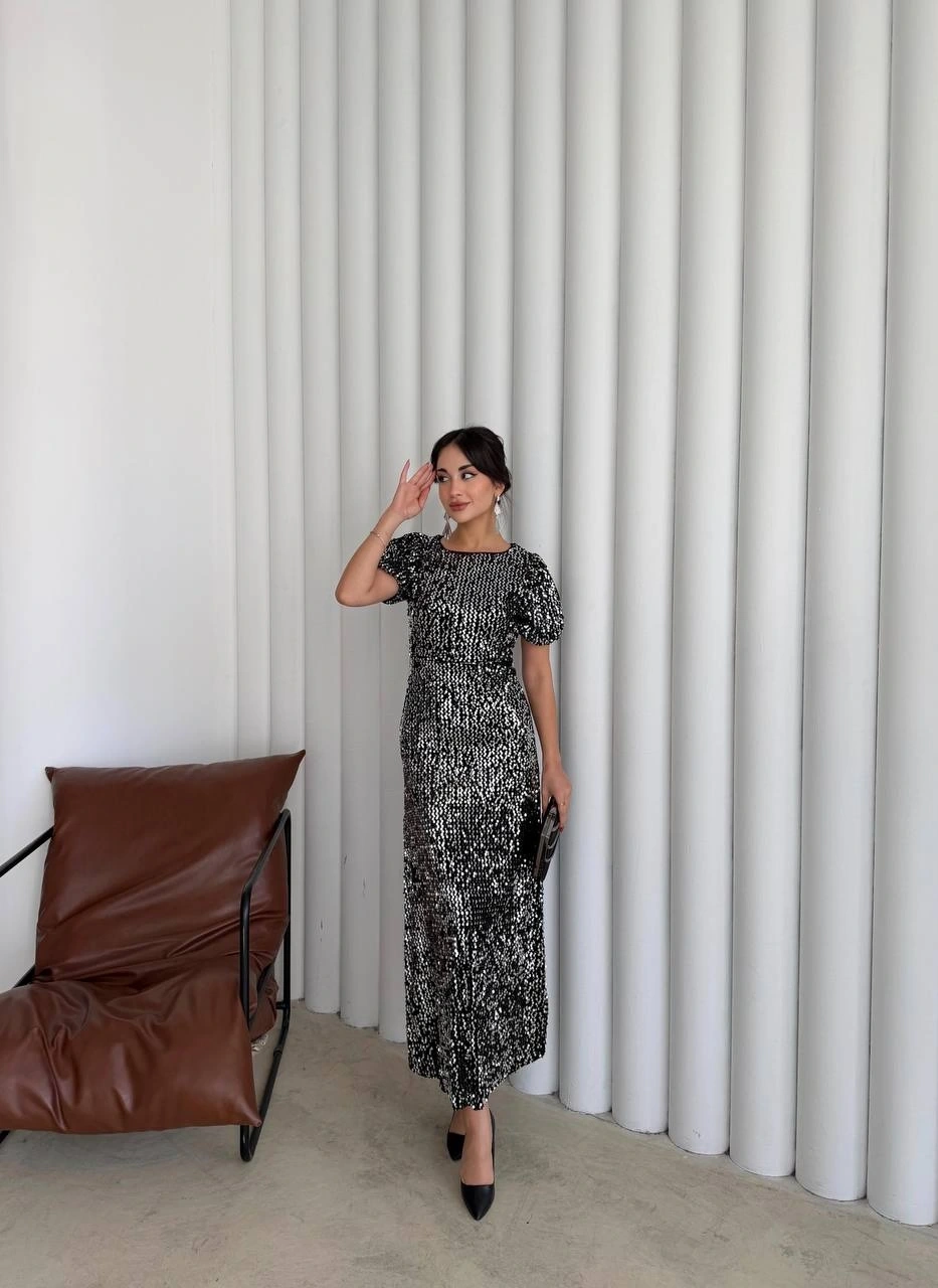 Pullaps Payetli Maxi Elbise Gümüş