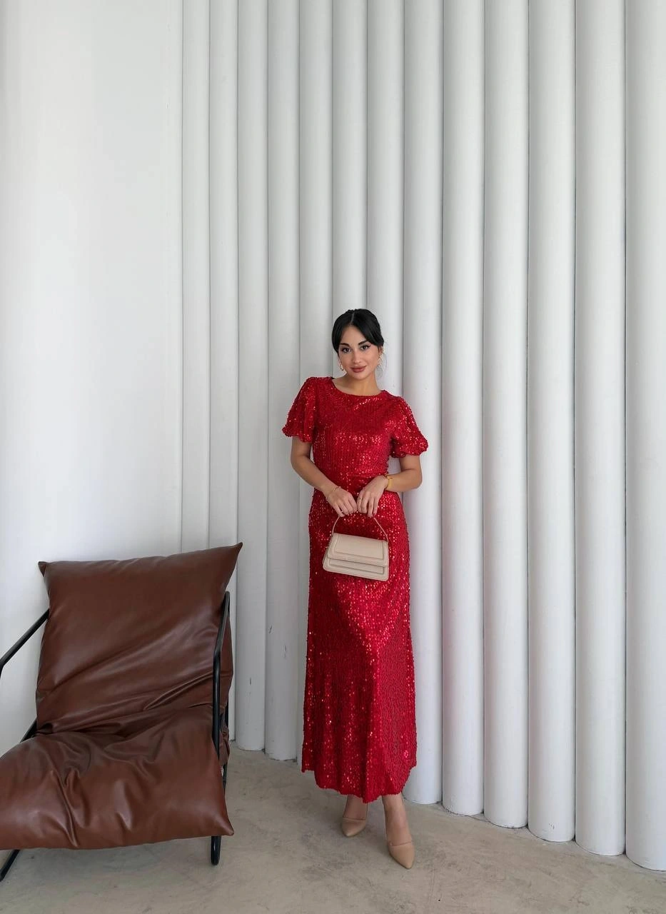 Pullaps Payetli Maxi Elbise Kırmızı