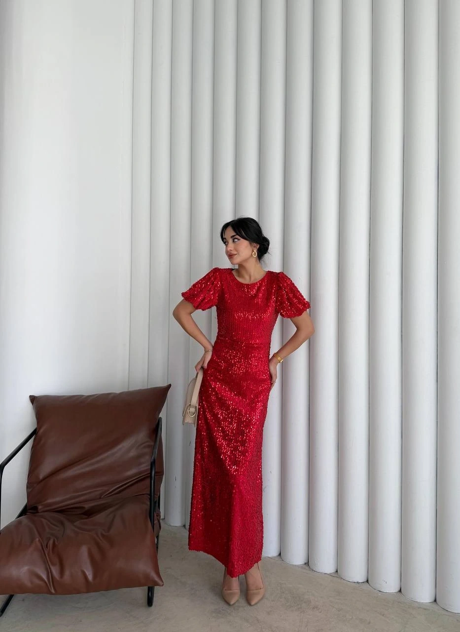 Pullaps Payetli Maxi Elbise Kırmızı