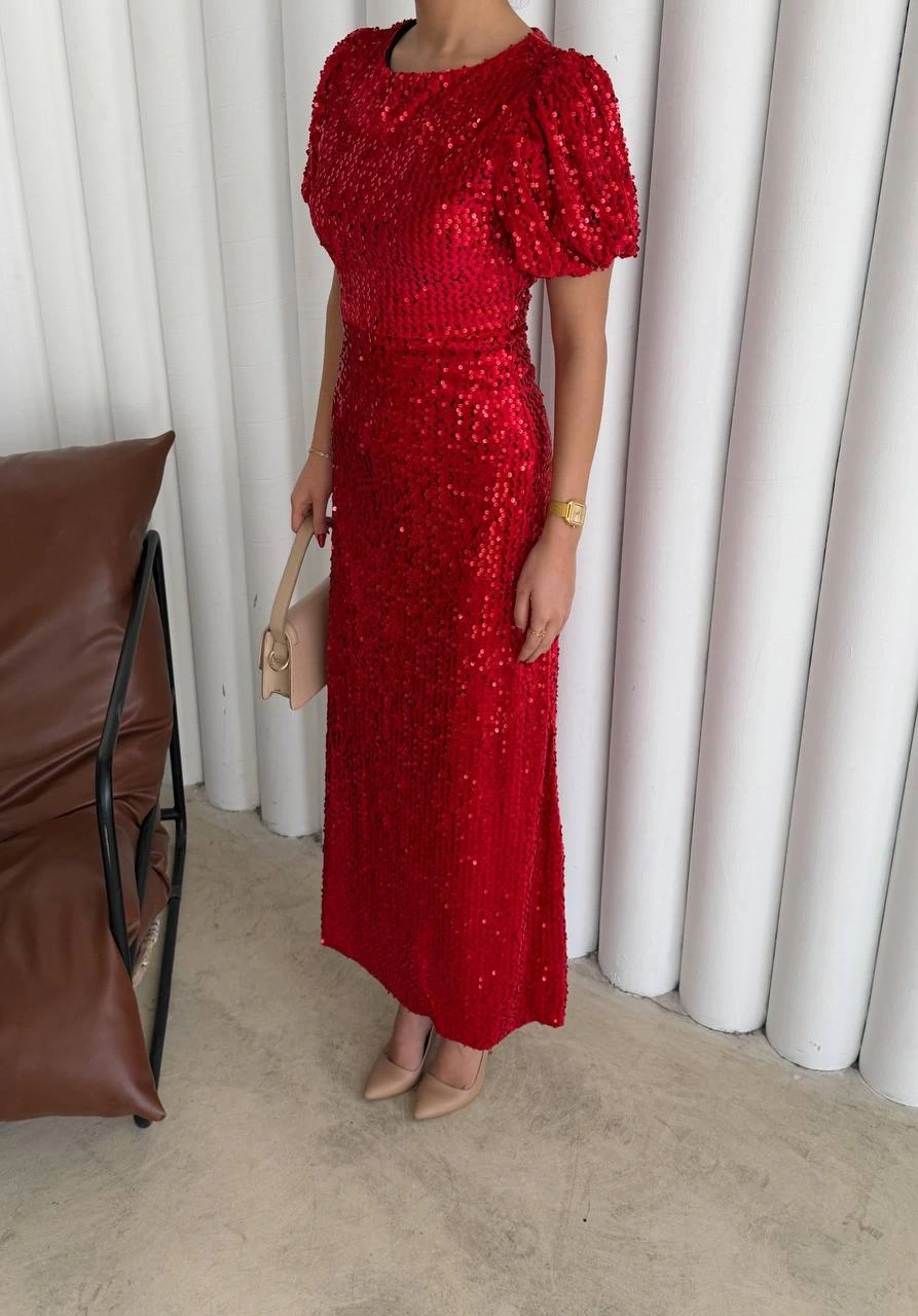 Pullaps Payetli Maxi Elbise Kırmızı