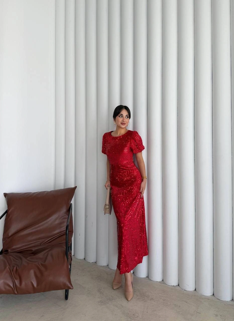 Pullaps Payetli Maxi Elbise Kırmızı