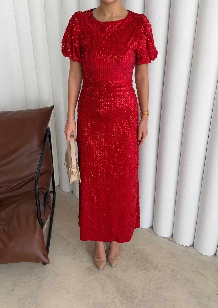 Pullaps Payetli Maxi Elbise Kırmızı