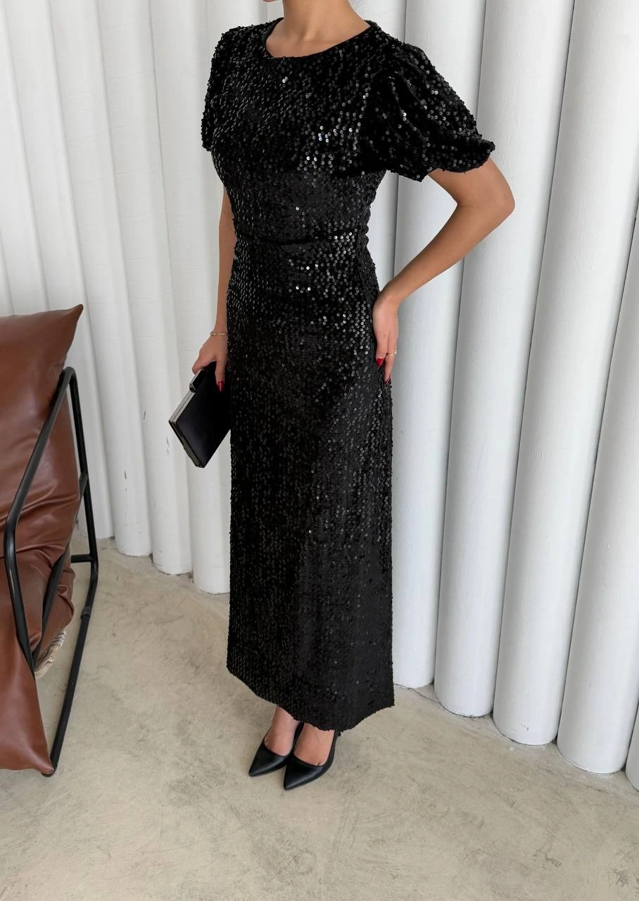 Pullaps Payetli Maxi Elbise Siyah