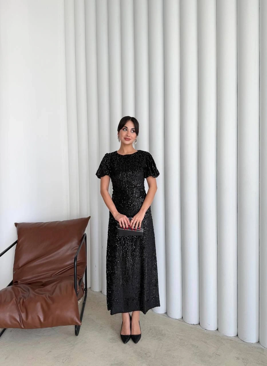 Pullaps Payetli Maxi Elbise Siyah