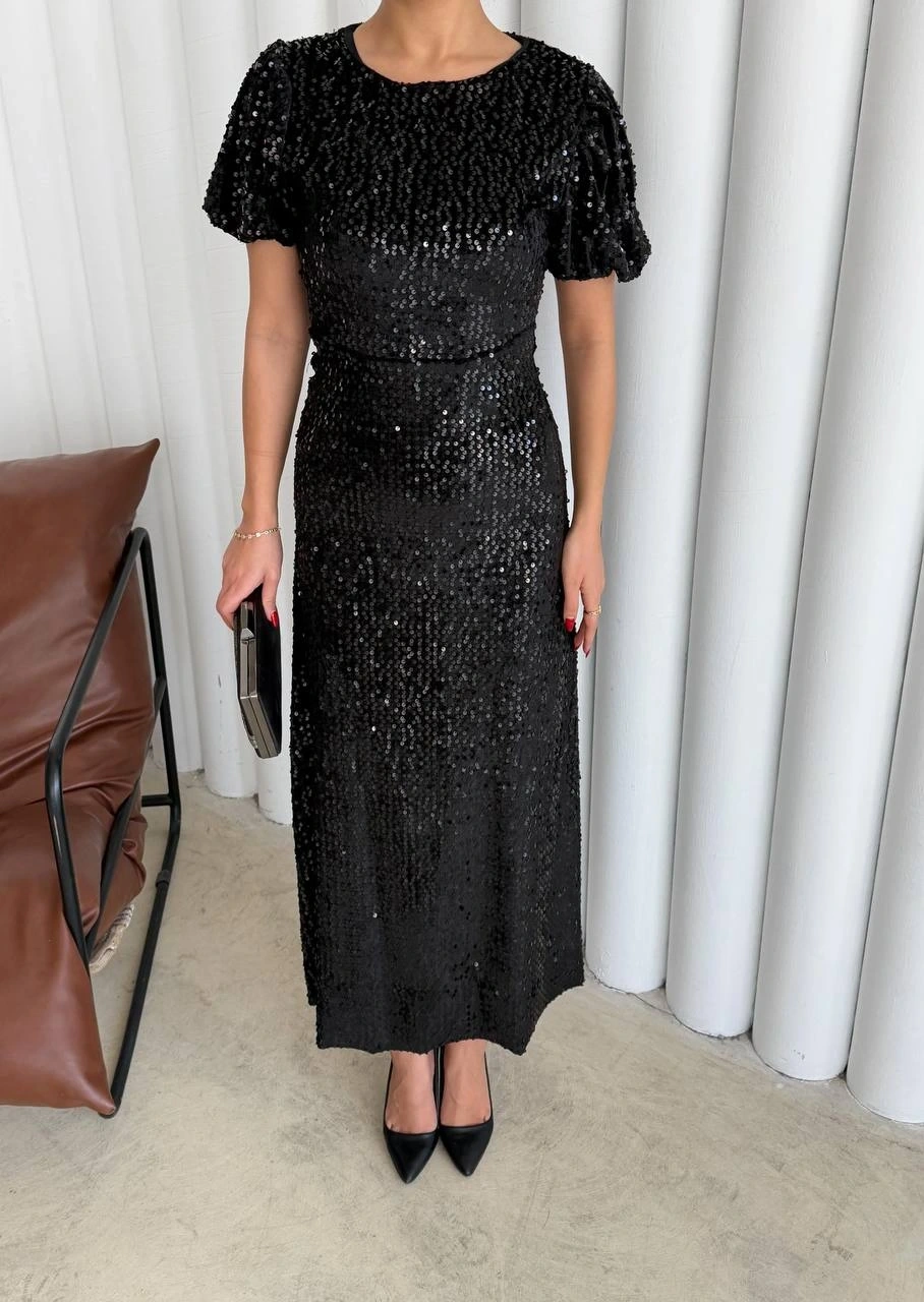 Pullaps Payetli Maxi Elbise Siyah