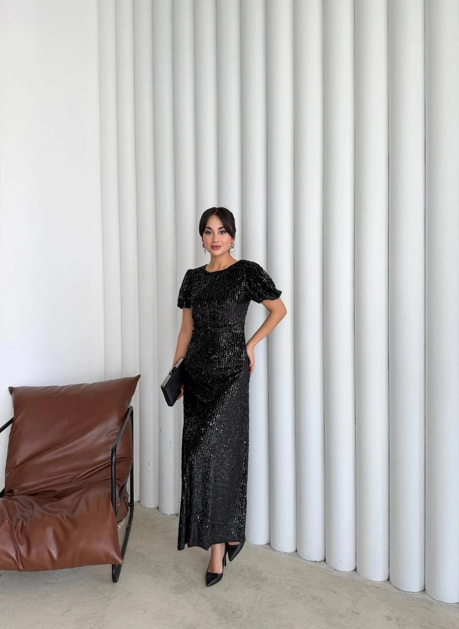 Pullaps Payetli Maxi Elbise Siyah