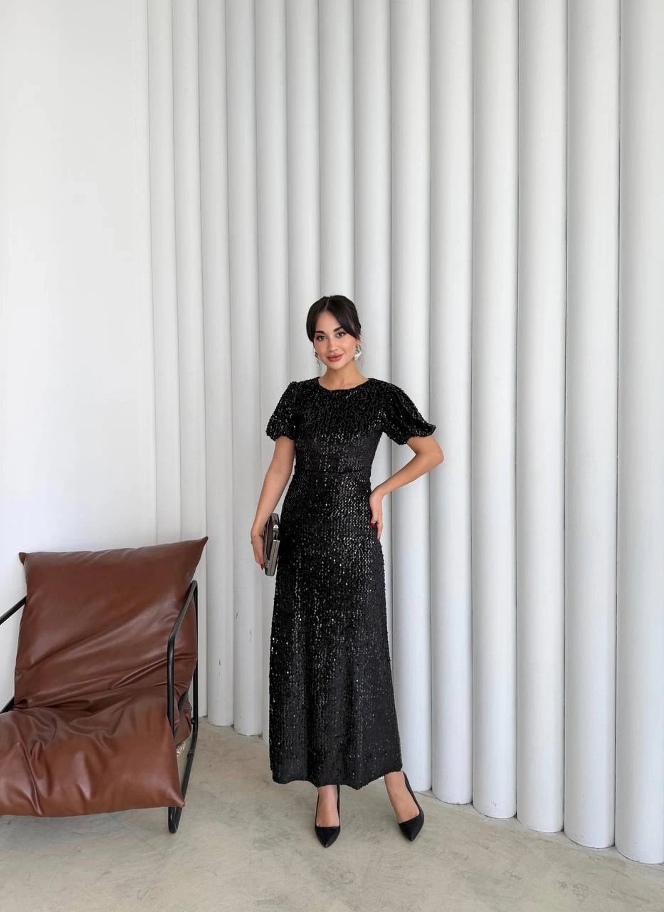 Pullaps Payetli Maxi Elbise Siyah